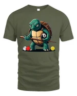Funny Turtle Pool Shark Eight Ball Billiards Graphic Tee Shirt - military green t-shirt on white background