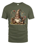 Woodland Gnome Nature Cottagecore Art Graphic Tee Shirt - military green t-shirt on white background