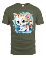 Cute Big Eyed Kitten Cartoon Art Adorable Graphic Tee Shirt - military green t-shirt on white background
