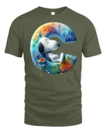 Cute Snoopy Style Letter C Art Dreamy Cartoon Graphic Tee Shirt - military green t-shirt on white background
