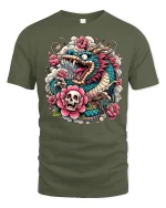 Fierce Japanese Dragon Skull Floral Tattoo Art Graphic Tee Shirt - military green t-shirt on white background