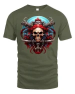 Pirate Skull Warrior Dark Fantasy Art Graphic Tee Shirt - military green t-shirt on white background
