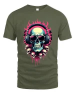 Flaming Skull DJ Headphones Neon Art Graphic Tee Shirt - military green t-shirt on white background