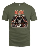 AC DC Skull Highway To Hell Rock Art Graphic Tee Shirt - military green t-shirt on white background