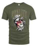 Reality Split Human Ape Philosophy Art Graphic Tee Shirt - military green t-shirt on white background