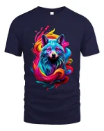 Colorful Wolf Spirit Rainbow Art Graphic Tee Shirt Design - navy t-shirt on white background