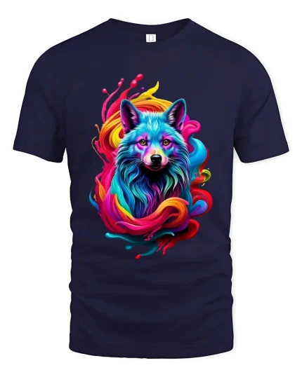 Colorful Wolf Spirit Rainbow Art Graphic Tee Shirt Design - navy t-shirt on white background