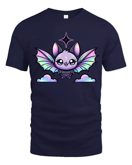 Cute Pastel Bat Kawaii Fantasy Art Graphic Tee Shirt - navy t-shirt on white background