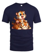 Cute Baby Tiger Stack Playful Cartoon Art Graphic Tee Shirt - navy t-shirt on white background