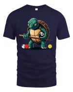 Funny Turtle Pool Shark Eight Ball Billiards Graphic Tee Shirt - navy t-shirt on white background