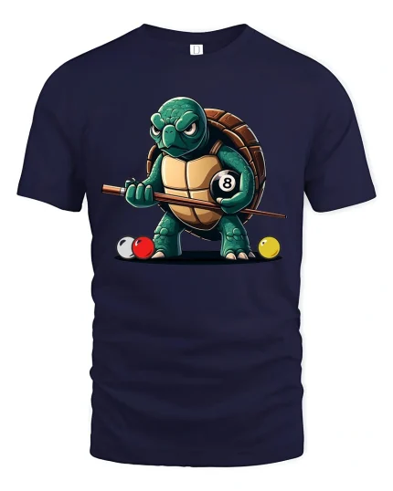 Funny Turtle Pool Shark Eight Ball Billiards Graphic Tee Shirt - navy t-shirt on white background