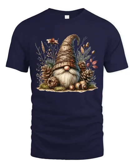 Woodland Gnome Nature Cottagecore Art Graphic Tee Shirt - navy t-shirt on white background