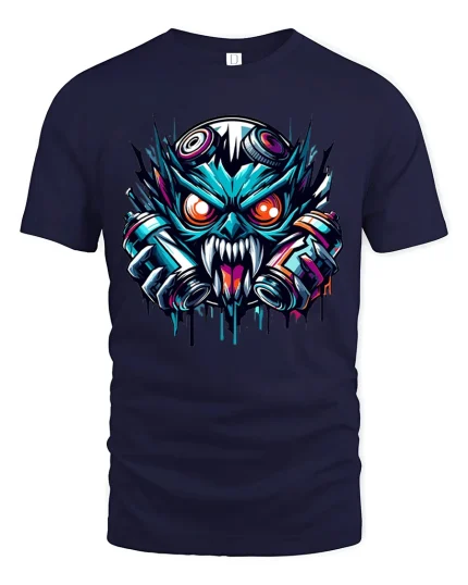 Cyberpunk Monster Graffiti Street Art Graphic Tee Shirt - navy t-shirt on white background