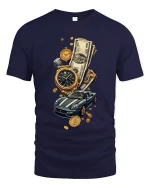 Luxury Wealth Lifestyle Gold Watch Supercar Money Graphic Tee Shirt - navy t-shirt on white background