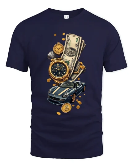 Luxury Wealth Lifestyle Gold Watch Supercar Money Graphic Tee Shirt - navy t-shirt on white background