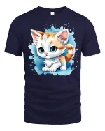 Cute Big Eyed Kitten Cartoon Art Adorable Graphic Tee Shirt - navy t-shirt on white background