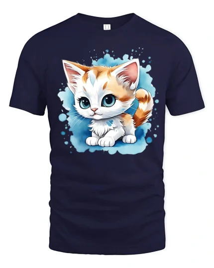 Cute Big Eyed Kitten Cartoon Art Adorable Graphic Tee Shirt - navy t-shirt on white background