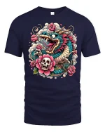 Fierce Japanese Dragon Skull Floral Tattoo Art Graphic Tee Shirt - navy t-shirt on white background