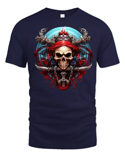 Pirate Skull Warrior Dark Fantasy Art Graphic Tee Shirt - navy t-shirt on white background