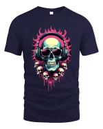 Flaming Skull DJ Headphones Neon Art Graphic Tee Shirt - navy t-shirt on white background