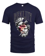 Reality Split Human Ape Philosophy Art Graphic Tee Shirt - navy t-shirt on white background