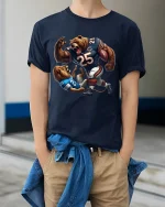 Savage Bear vs Lion Football Battle Graphic Tee Shirt - model wearing navy tee with hands in pockets