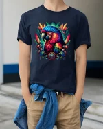 Colorful Parrot Spirit Tropical Art Graphic Tee Shirt Design - model wearing navy tee with hands in pockets