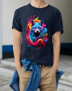 Colorful Wolf Spirit Rainbow Art Graphic Tee Shirt Design - model wearing navy tee with hands in pockets