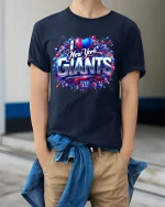 I Love New York Giants Bold Fan Pride Graphic Tee Shirt - model wearing navy tee with hands in pockets