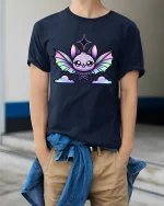 Cute Pastel Bat Kawaii Fantasy Art Graphic Tee Shirt - model wearing navy tee with hands in pockets