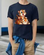 Cute Baby Tiger Stack Playful Cartoon Art Graphic Tee Shirt - model wearing navy tee with hands in pockets