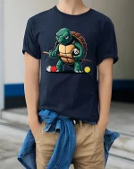 Funny Turtle Pool Shark Eight Ball Billiards Graphic Tee Shirt - model wearing navy tee with hands in pockets
