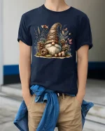 Woodland Gnome Nature Cottagecore Art Graphic Tee Shirt - model wearing navy tee with hands in pockets