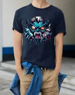 Cyberpunk Monster Graffiti Street Art Graphic Tee Shirt - model wearing navy tee with hands in pockets