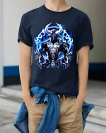 Blue Flame Minotaur Power Fantasy Art Graphic Tee Shirt - model wearing navy tee with hands in pockets