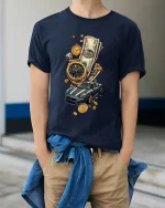 Luxury Wealth Lifestyle Gold Watch Supercar Money Graphic Tee Shirt - model wearing navy tee with hands in pockets