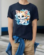 Cute Big Eyed Kitten Cartoon Art Adorable Graphic Tee Shirt - model wearing navy tee with hands in pockets
