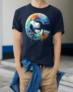 Cute Snoopy Style Letter C Art Dreamy Cartoon Graphic Tee Shirt - model wearing navy tee with hands in pockets