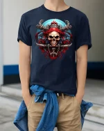 Pirate Skull Warrior Dark Fantasy Art Graphic Tee Shirt - model wearing navy tee with hands in pockets