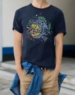 Savage Deep Sea Monster Skull Graphic Tee Shirt - model wearing navy tee with hands in pockets