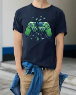 Broken Game Controller Rage Mode Graphic Tee Shirt Style - model wearing navy tee with hands in pockets