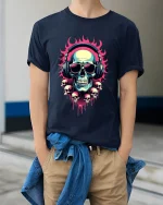 Flaming Skull DJ Headphones Neon Art Graphic Tee Shirt - model wearing navy tee with hands in pockets