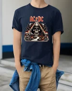 AC DC Skull Highway To Hell Rock Art Graphic Tee Shirt - model wearing navy tee with hands in pockets