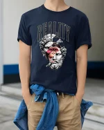 Reality Split Human Ape Philosophy Art Graphic Tee Shirt - model wearing navy tee with hands in pockets