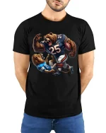 Savage Bear vs Lion Football Battle Graphic Tee Shirt - model wearing black tee with hands behind back