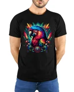Colorful Parrot Spirit Tropical Art Graphic Tee Shirt Design - model wearing black tee with hands behind back