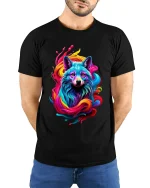 Colorful Wolf Spirit Rainbow Art Graphic Tee Shirt Design - model wearing black tee with hands behind back