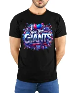 I Love New York Giants Bold Fan Pride Graphic Tee Shirt - model wearing black tee with hands behind back