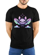 Cute Pastel Bat Kawaii Fantasy Art Graphic Tee Shirt - model wearing black tee with hands behind back