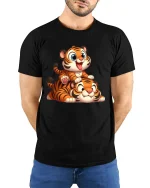Cute Baby Tiger Stack Playful Cartoon Art Graphic Tee Shirt - model wearing black tee with hands behind back